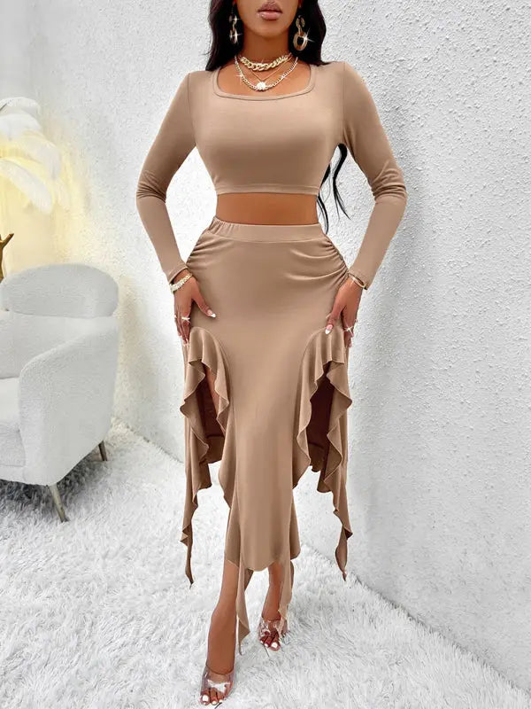 Blue Zone Planet | Solid Color Round Neck Long Sleeve Top Ruffled Skirt Suit BLUE ZONE PLANET