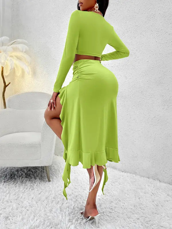 Blue Zone Planet | Solid Color Round Neck Long Sleeve Top Ruffled Skirt Suit BLUE ZONE PLANET