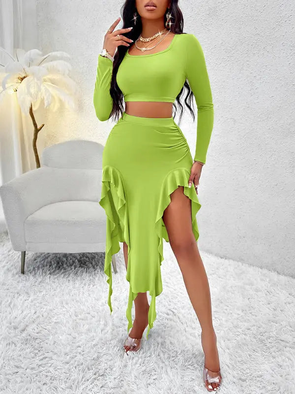 Blue Zone Planet | Solid Color Round Neck Long Sleeve Top Ruffled Skirt Suit BLUE ZONE PLANET