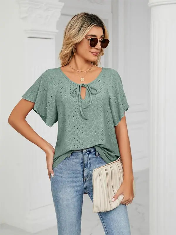 Blue Zone Planet | Solid Color Round Neck Tie Short Sleeve Loose Knit Top BLUE ZONE PLANET