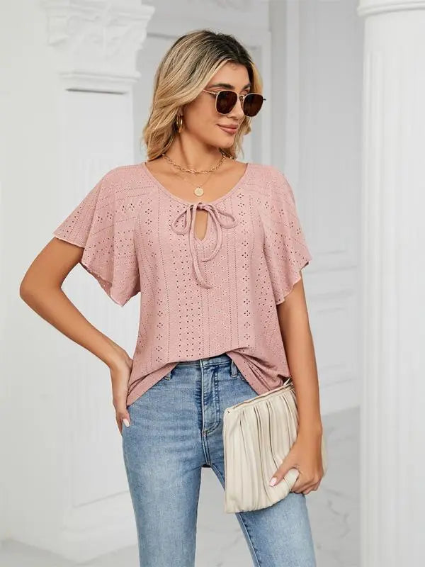 Blue Zone Planet | Solid Color Round Neck Tie Short Sleeve Loose Knit Top BLUE ZONE PLANET