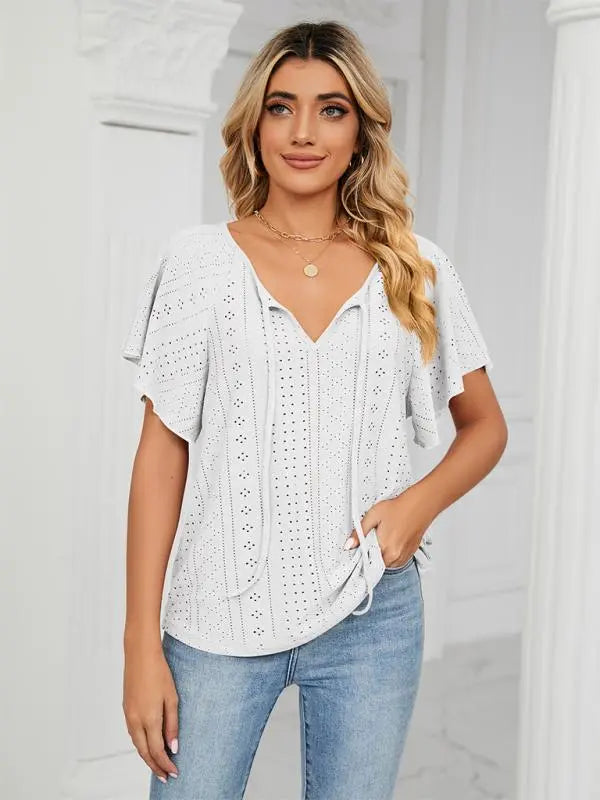 Blue Zone Planet | Solid Color Round Neck Tie Short Sleeve Loose Knit Top BLUE ZONE PLANET