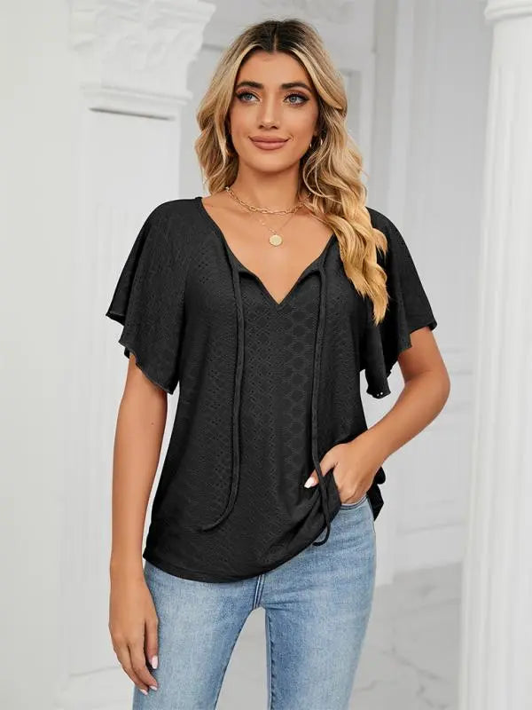 Blue Zone Planet | Solid Color Round Neck Tie Short Sleeve Loose Knit Top BLUE ZONE PLANET