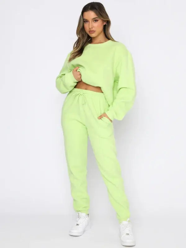 Blue Zone Planet | Solid Color Round able Collar Pullover Long Sleeve Trousers Sweater Suit BLUE ZONE PLANET