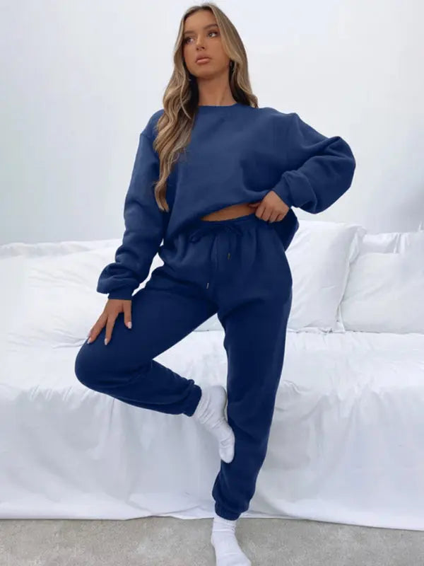 Blue Zone Planet | Solid Color Round able Collar Pullover Long Sleeve Trousers Sweater Suit BLUE ZONE PLANET