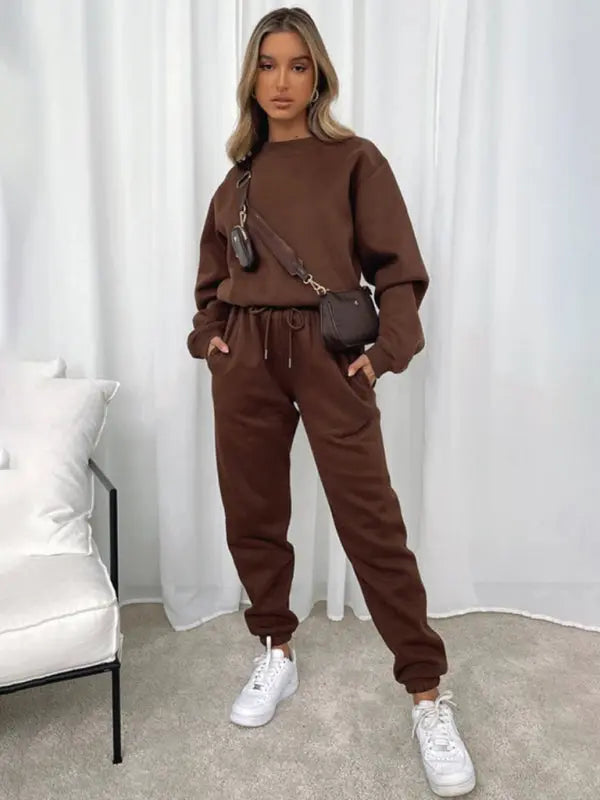 Blue Zone Planet | Solid Color Round able Collar Pullover Long Sleeve Trousers Sweater Suit BLUE ZONE PLANET