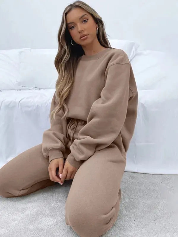 Blue Zone Planet | Solid Color Round able Collar Pullover Long Sleeve Trousers Sweater Suit BLUE ZONE PLANET