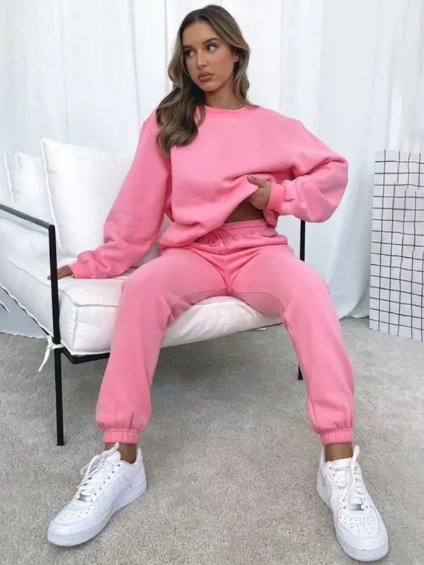 Blue Zone Planet | Solid Color Round able Collar Pullover Long Sleeve Trousers Sweater Suit BLUE ZONE PLANET