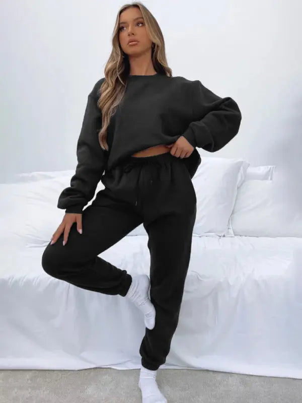 Blue Zone Planet | Solid Color Round able Collar Pullover Long Sleeve Trousers Sweater Suit BLUE ZONE PLANET