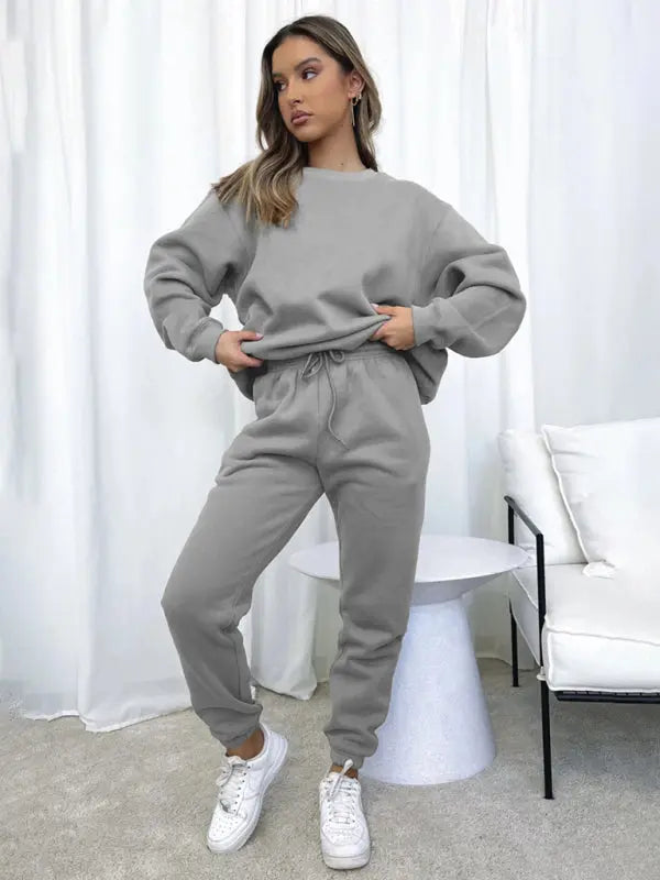 Blue Zone Planet | Solid Color Round able Collar Pullover Long Sleeve Trousers Sweater Suit BLUE ZONE PLANET