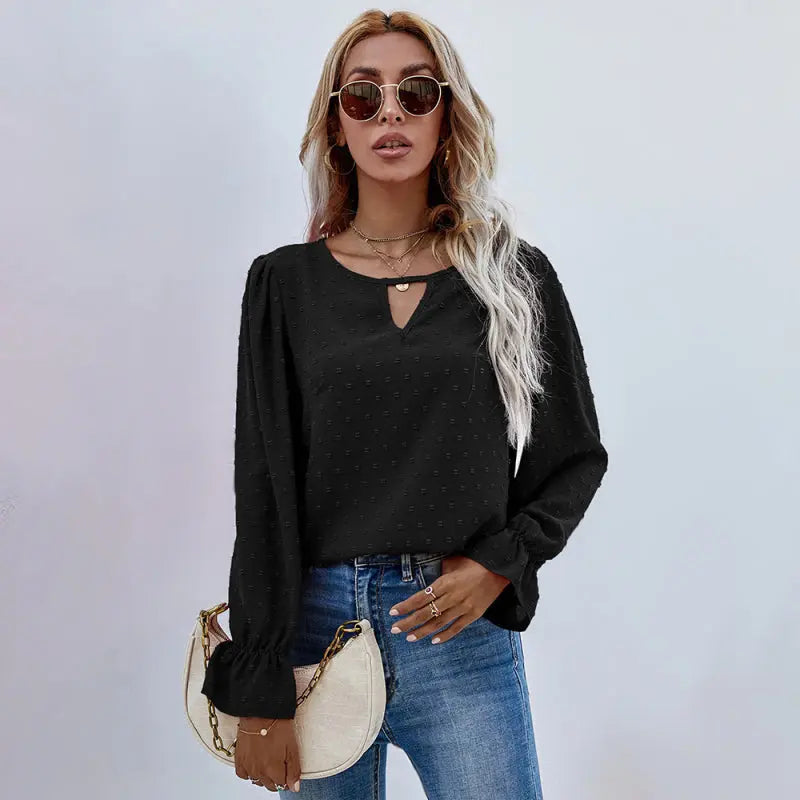 Blue Zone Planet | Solid color round neck long sleeve jacquard polka dot shirt BLUE ZONE PLANET