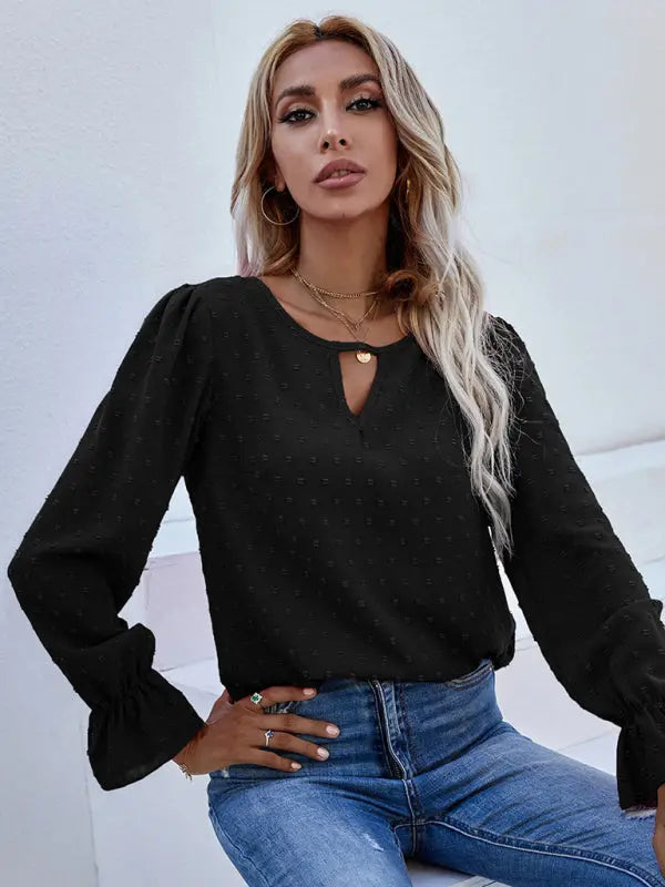 Blue Zone Planet | Solid color round neck long sleeve jacquard polka dot shirt BLUE ZONE PLANET