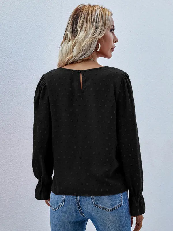 Blue Zone Planet | Solid color round neck long sleeve jacquard polka dot shirt BLUE ZONE PLANET