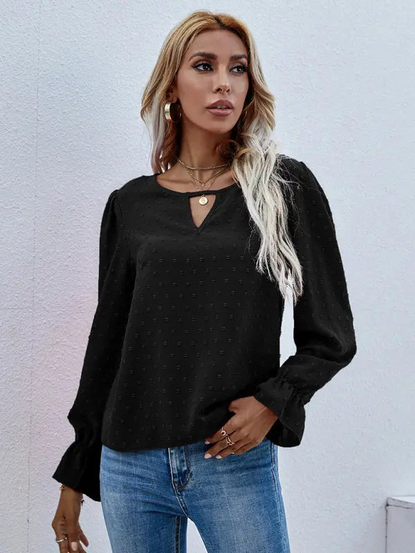 Blue Zone Planet | Solid color round neck long sleeve jacquard polka dot shirt BLUE ZONE PLANET
