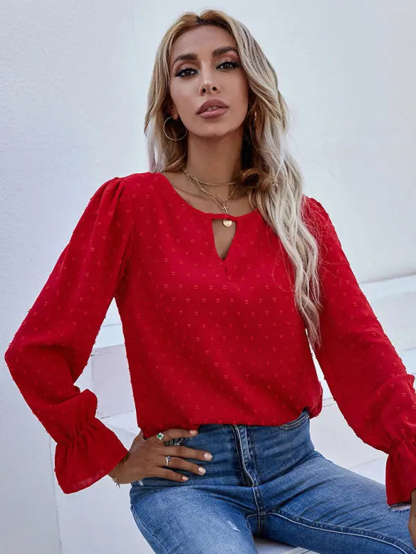 Blue Zone Planet | Solid color round neck long sleeve jacquard polka dot shirt BLUE ZONE PLANET
