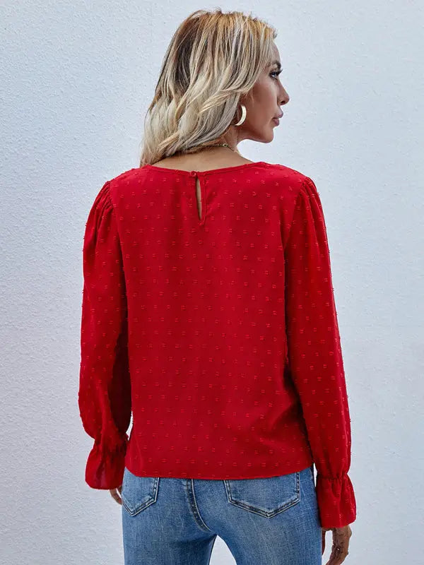 Blue Zone Planet | Solid color round neck long sleeve jacquard polka dot shirt BLUE ZONE PLANET