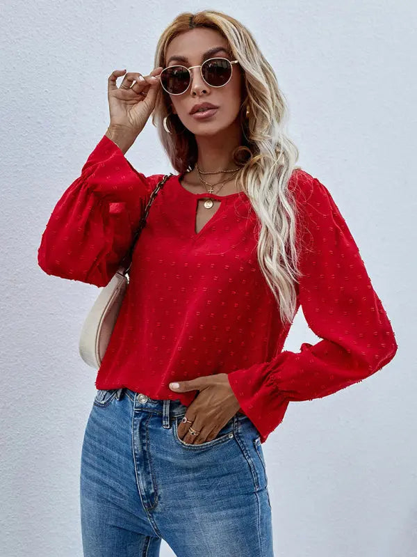 Blue Zone Planet | Solid color round neck long sleeve jacquard polka dot shirt BLUE ZONE PLANET
