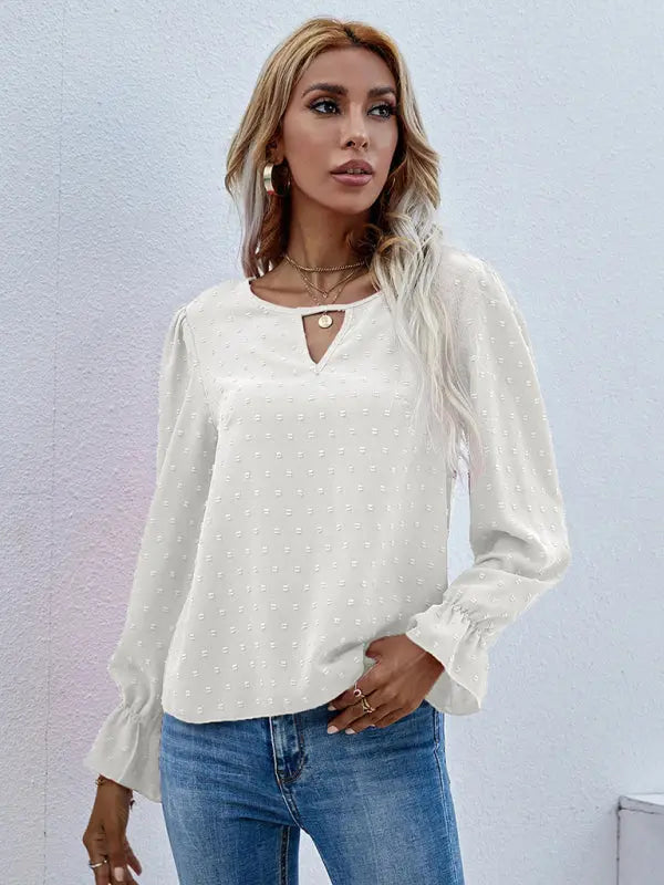 Blue Zone Planet | Solid color round neck long sleeve jacquard polka dot shirt BLUE ZONE PLANET