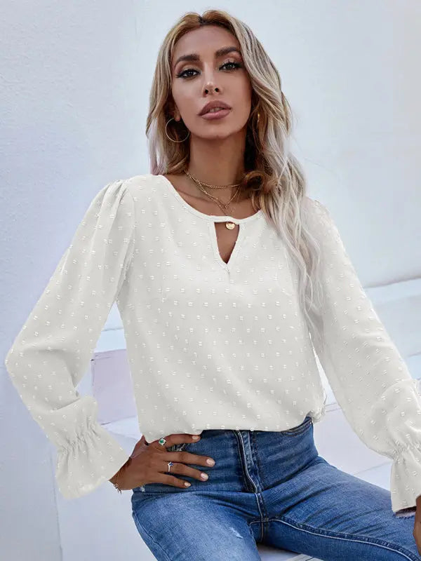 Blue Zone Planet | Solid color round neck long sleeve jacquard polka dot shirt BLUE ZONE PLANET
