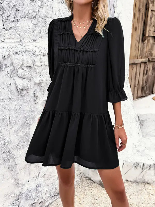 Blue Zone Planet | Sonia's solid color V-neck mid-sleeve mini dress BLUE ZONE PLANET