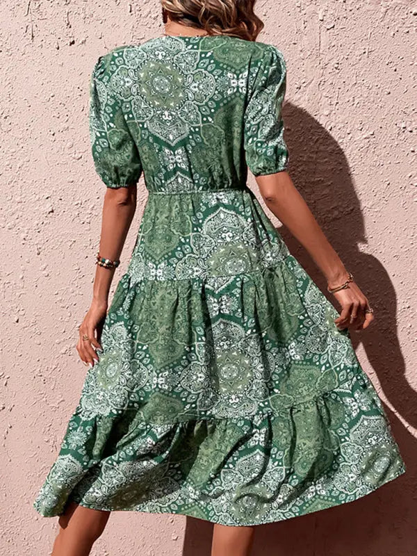 Blue Zone Planet | Spring and summer elegant dress floral V-neck puff sleeve side slit long dress kakaclo