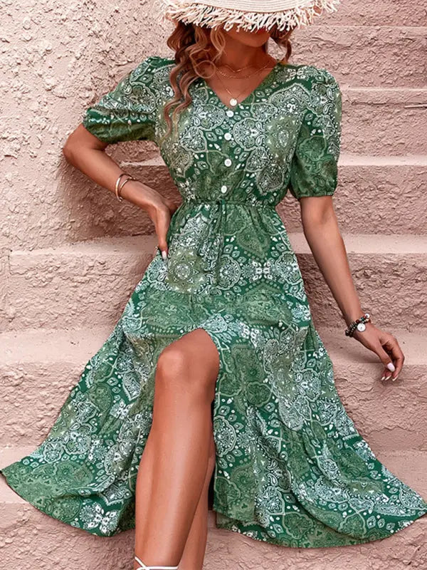 Blue Zone Planet | Spring and summer elegant dress floral V-neck puff sleeve side slit long dress kakaclo