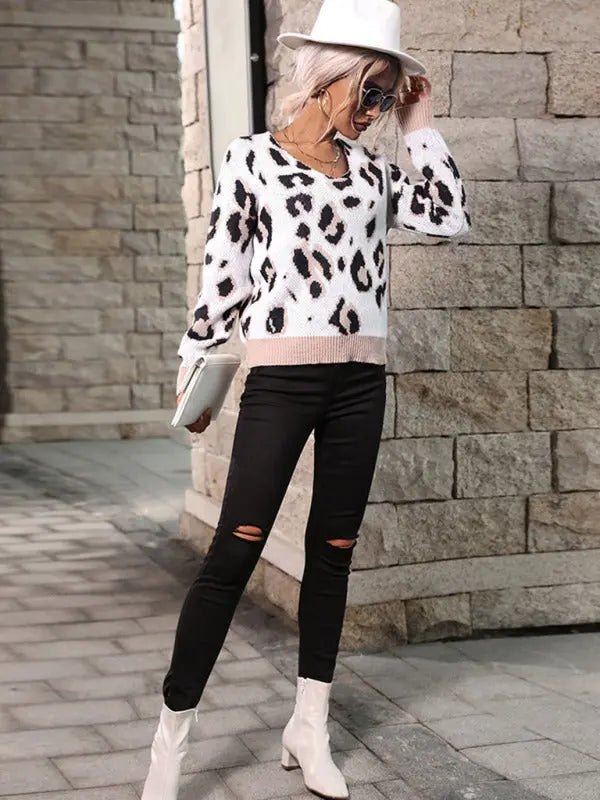 Blue Zone Planet | Stella's Long Sleeve Leopard V-Neck Sweater BLUE ZONE PLANET
