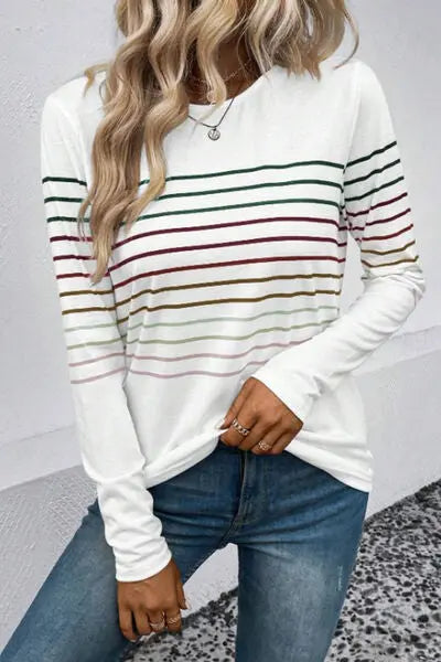 Blue Zone Planet | Striped Round Neck Long Sleeve T-Shirt BLUE ZONE PLANET