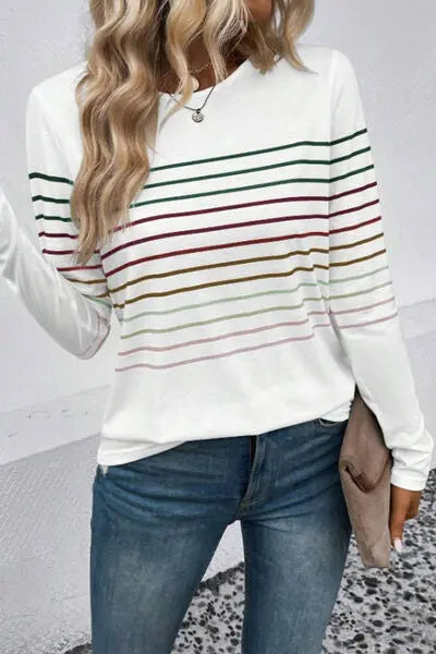 Blue Zone Planet | Striped Round Neck Long Sleeve T-Shirt BLUE ZONE PLANET