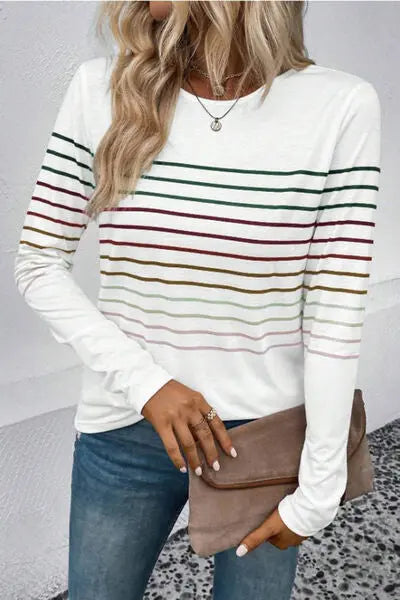 Blue Zone Planet | Striped Round Neck Long Sleeve T-Shirt BLUE ZONE PLANET