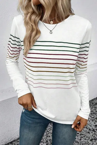 Blue Zone Planet | Striped Round Neck Long Sleeve T-Shirt BLUE ZONE PLANET