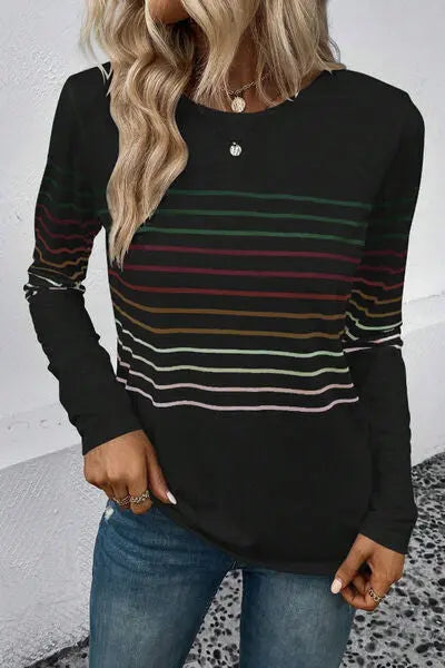 Blue Zone Planet | Striped Round Neck Long Sleeve T-Shirt BLUE ZONE PLANET