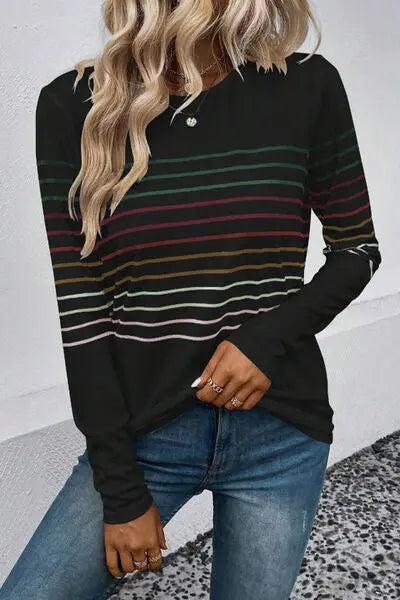Blue Zone Planet | Striped Round Neck Long Sleeve T-Shirt BLUE ZONE PLANET