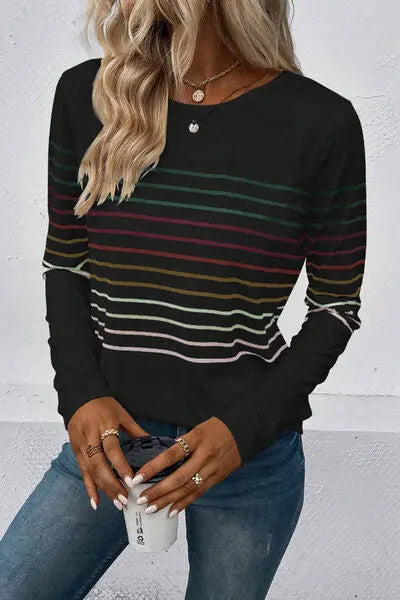 Blue Zone Planet | Striped Round Neck Long Sleeve T-Shirt BLUE ZONE PLANET