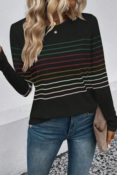 Blue Zone Planet | Striped Round Neck Long Sleeve T-Shirt BLUE ZONE PLANET