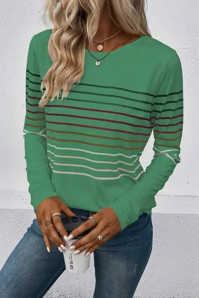 Blue Zone Planet | Striped Round Neck Long Sleeve T-Shirt BLUE ZONE PLANET