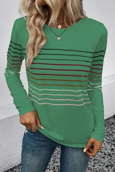 Blue Zone Planet | Striped Round Neck Long Sleeve T-Shirt BLUE ZONE PLANET