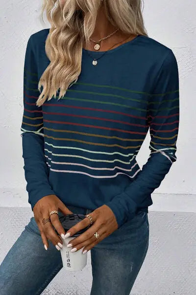 Blue Zone Planet | Striped Round Neck Long Sleeve T-Shirt BLUE ZONE PLANET