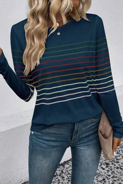Blue Zone Planet | Striped Round Neck Long Sleeve T-Shirt BLUE ZONE PLANET