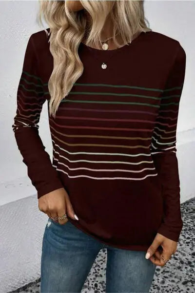 Blue Zone Planet | Striped Round Neck Long Sleeve T-Shirt BLUE ZONE PLANET