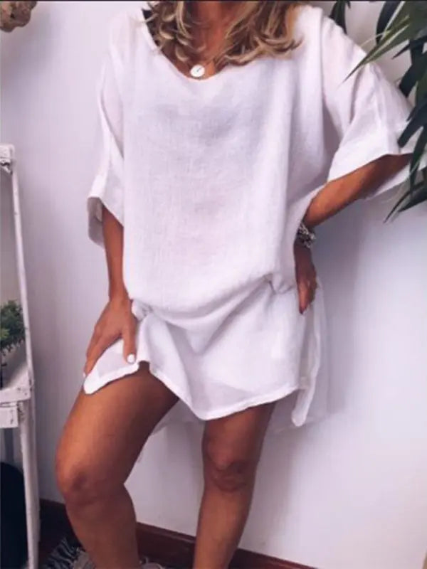 Blue Zone Planet | Summer cotton linen solid color hem slit dress BLUE ZONE PLANET
