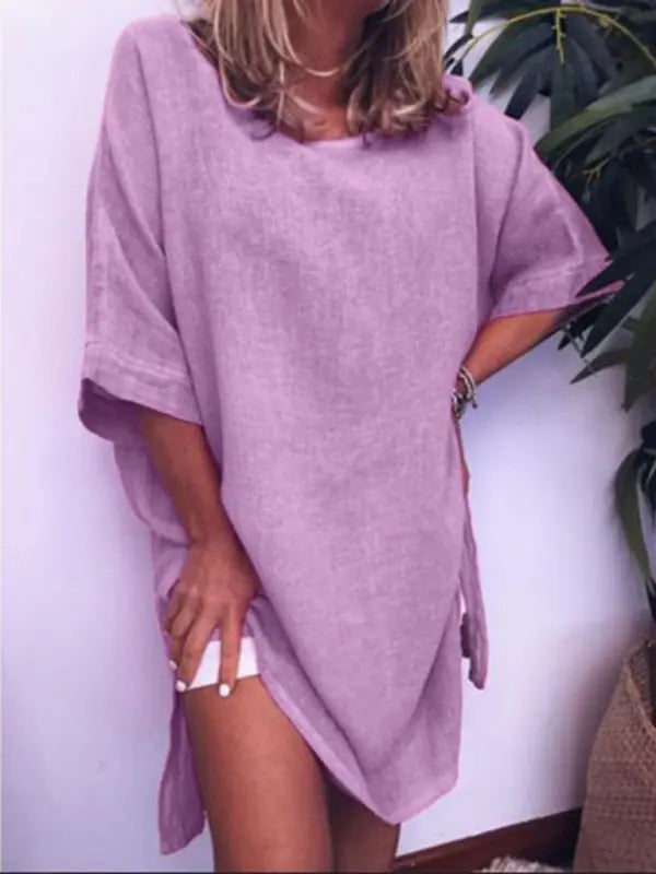 Blue Zone Planet | Summer cotton linen solid color hem slit dress BLUE ZONE PLANET