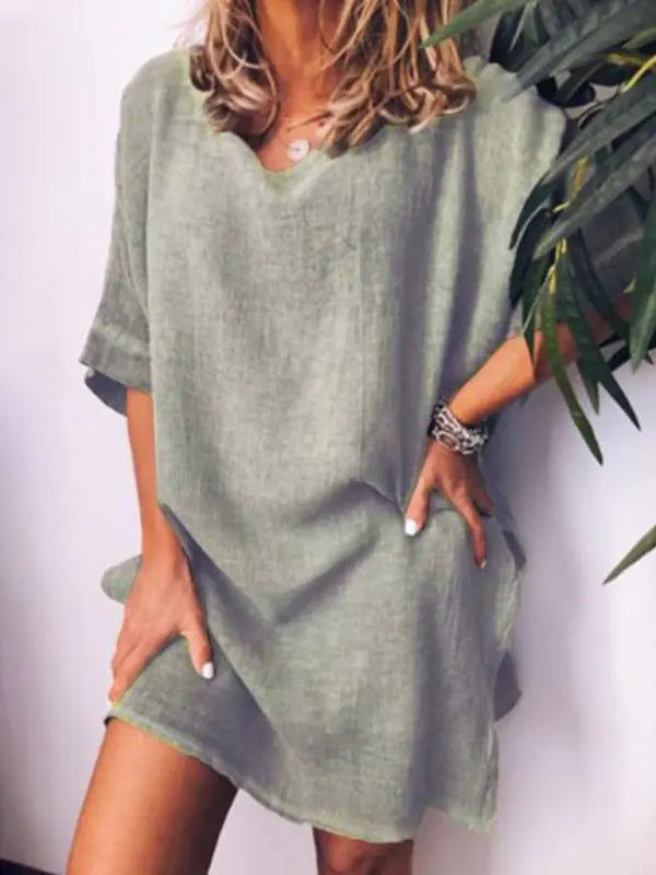 Blue Zone Planet | Summer cotton linen solid color hem slit dress BLUE ZONE PLANET