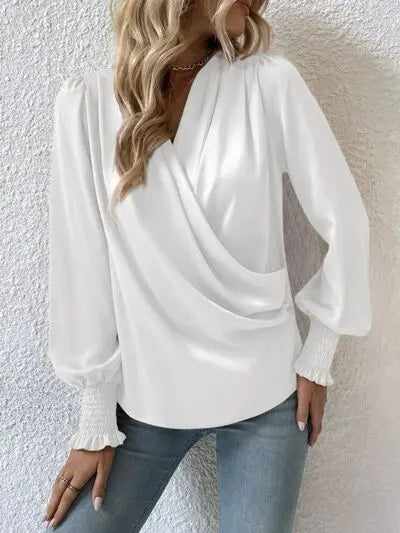 Blue Zone Planet | Surplice Smocked Lantern Sleeve Blouse BLUE ZONE PLANET