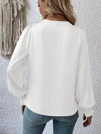 Blue Zone Planet | Surplice Smocked Lantern Sleeve Blouse BLUE ZONE PLANET