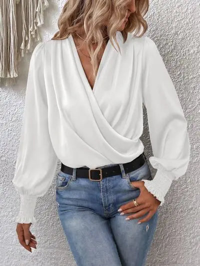 Blue Zone Planet | Surplice Smocked Lantern Sleeve Blouse BLUE ZONE PLANET