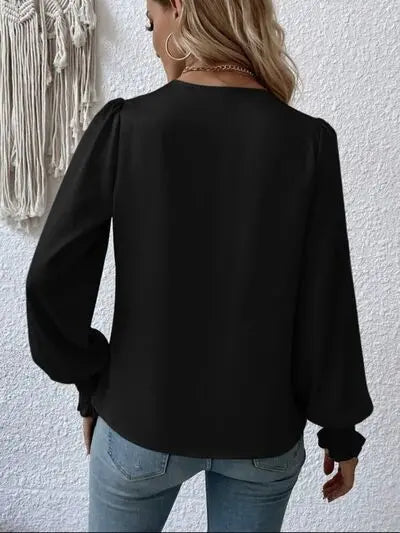 Blue Zone Planet | Surplice Smocked Lantern Sleeve Blouse BLUE ZONE PLANET