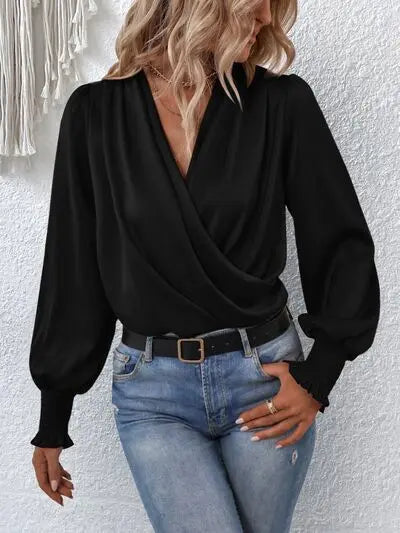 Blue Zone Planet | Surplice Smocked Lantern Sleeve Blouse BLUE ZONE PLANET