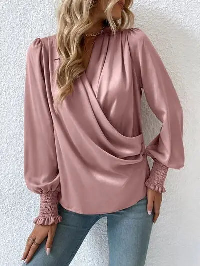 Blue Zone Planet | Surplice Smocked Lantern Sleeve Blouse BLUE ZONE PLANET