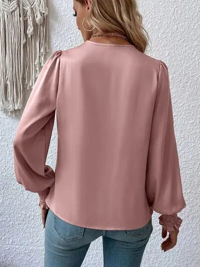 Blue Zone Planet | Surplice Smocked Lantern Sleeve Blouse BLUE ZONE PLANET